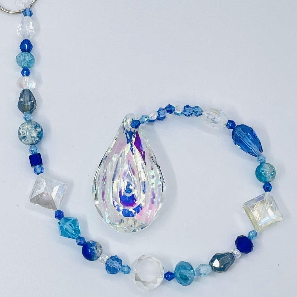 Blue Beaded Suncatcher - Clear Crystal Prism - Indoor Outdoor Hanging Decor